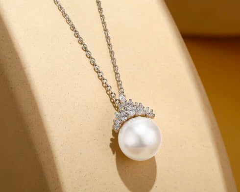 Ice Queen Zirconia Pearl Pendant Necklace - Silver / Gold
